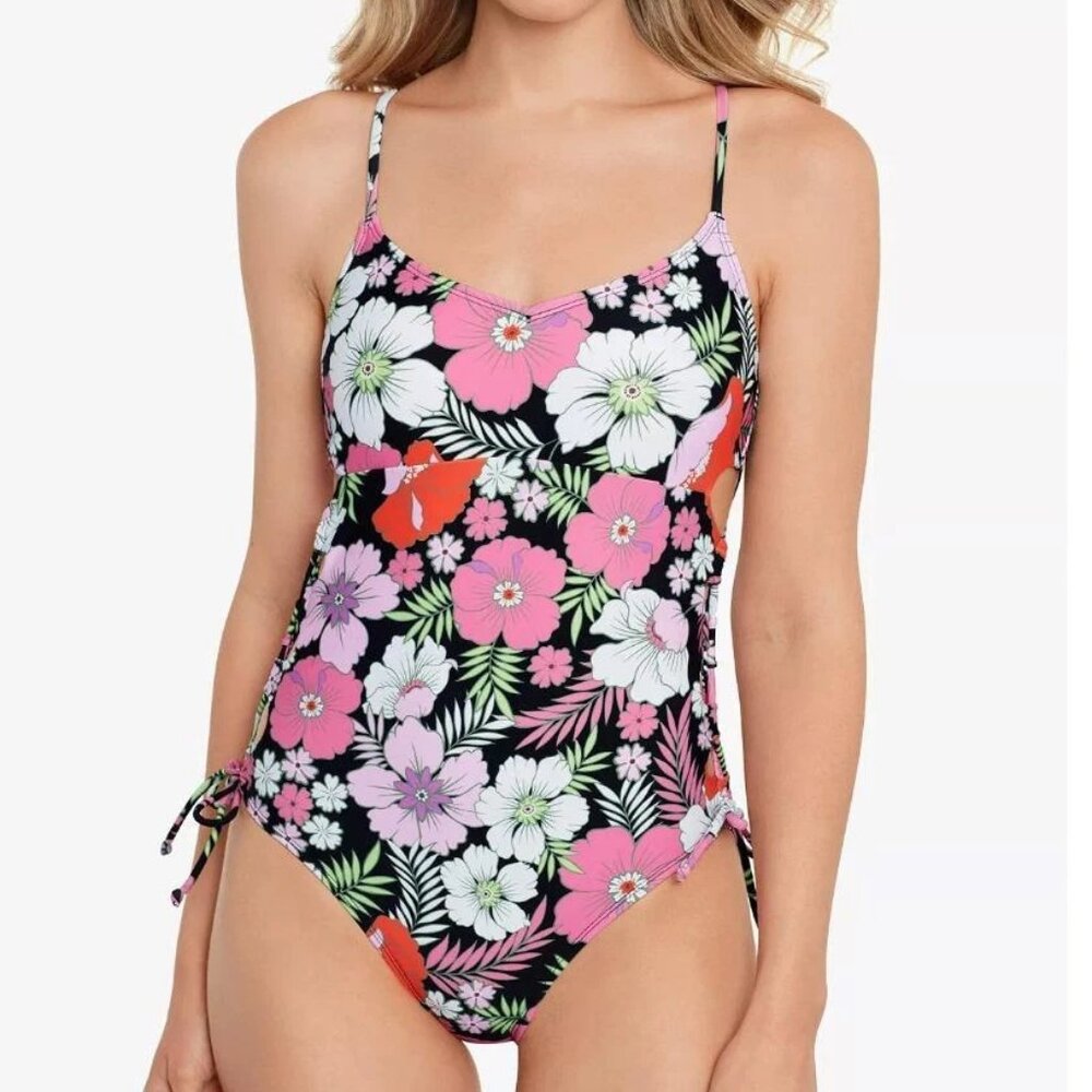 NWT Salt + Cove Juniors One Piece Lace Up Side Floral Print Swim Suit